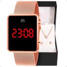 relogio digital aço inox feminino + colares + caixas + brincos banhado silicone presente rose pulseira ajustável casual