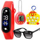 Relógio digital + bichinho virtual + oculos protecao uv resistente prova dagua vermelho pulseira ajustavel presente