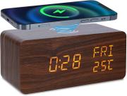 Relógio Digital De Madeira Carregador Por Indução Controle De Voz Data Hora Temperatura 3 alarmes sensor liga e desliga Relógio Digital De Madeira Carregador Por Indução Controle De Voz Data Hora Temperatura 3 alarmes sensor liga e desliga