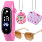 Relógio digital esportivo + chaveiro popit + bichinho virtual + oculos infantil protecao uv prova dagua menina rosa