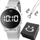 Relógio Digital Feminino Prata Casual Moderno Kit Joias Colar e Brincos Aço Inox com Caixa Premium Ideal para Presente