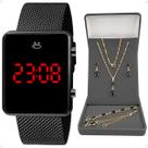 Relogio Digital Feminino Preto + Colar Strass + Brincos social aço inoxidavel pulseira ajustável presente casual
