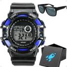 Relogio Digital Infantil Menino Preto + Caixa + Oculos Sol esportivo silicone ajustavel data azul cronometro alarme