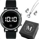 Relogio Digital Led Silicone Feminino + Caixa + Brinco Colar presente aço inoxidavel original preto black piano casual