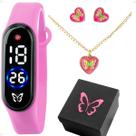 relogio digital rosa led infantil + colar + brincos + caixa original borboleta ajustavel silicone qualidade premium led