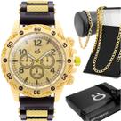 Relogio Dourado Aco Inox + Caixa silicone ajustavel original pesado masculino casual social presente robusto ponteiro