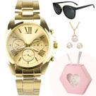 Relogio dourado aço inox + oculos de sol + colar e brincos original casual social presente