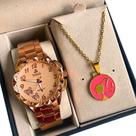 Relógio Dourado Feminino Delicado Estiloso + Colar Pingente