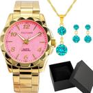 Relógio Dourado Feminino Minimalista E Conjunto Brinco Colar
