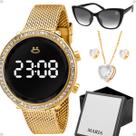 relogio dourado feminino + pulseira + oculos sol + caixa ajustável gatinho social presente casual qualidade premium moda