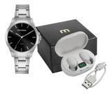 Relógio E Fone De Ouvido Mondaine Masculino Casual Prata Prateado Prateado Preto