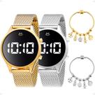 relogio femiino digital + relogio led silicone qualidade premium social pulseira ajustavel casual dourado prata presente