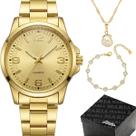 Relogio feminino aco banhado + colar ponto de luz + pulseira caixa premium qualidade premium dourado presente