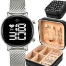 Relogio Feminino Aco Digital + Porta Joia ajustavel original led prata casual anel inoxidavel presente black piano