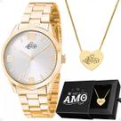 relogio feminino aço dourado + colar coração amor inoxidavel presente edição limitada moda original social casual