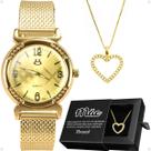 relogio feminino aço dourado + colar mãe coração + caixa ajustável presente silicone inoxidável casual strass social