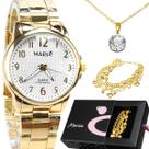 relogio feminino aço inox dourado + pulseira + caixa + colar social delicado moda presente casual qualidade premium