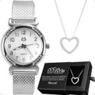 relogio feminino aço inox prata + colar mãe coração + caixa edição limitada qualidade premium casual social moda
