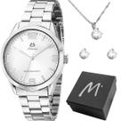 Relógio Feminino Aço Inox Prata Moderno com Kit Colar 45cm Pingente e Brincos Strass e Caixa Presente Premium