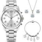 relogio feminino aco inox prata + pulseira + colar brincos delicado ajustavel casual presente social original garantia relogio feminino aco inox prata + pulseira + colar brincos delicado ajustavel casual presente social original garantia