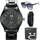 relogio feminino aço inox preto casual + oculos sol + caixa casual analogico delicado moda original presente