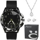 relogio feminino aço inox prova dagua + colar + brincos coração presente silicone casual pulseira ajustavel moda