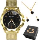 Relógio Feminino Analógico à Prova dÁgua Kit Luxo com Acessórios Dourados Strass Preto Caixa Sofisticada