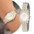 Relógio Feminino Analógico de Pulso Prata e Dourado com Caixa e Pulseira de Aço Inoxidável à Prova D Água Bicolor Pequeno Casual Social Champion