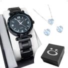 Relógio Feminino Analógico Preto Black Piano com Kit Colar e Brincos Strass Aço Inox Luxo e Sofisticação Caixa Premium Presente