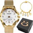 Relogio feminino banhado aço prova dagua + pulseira + cargo case casual resistente redondo dourado silicone original