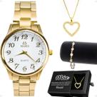 relogio feminino banhado + colar coração + caixa aço inoxidável moda presente social strass qualidade premium original