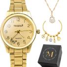 relogio feminino banhado + colar perola + caixa + pulseira strass pingente garantia inoxidável social delicado casual