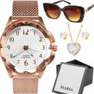 Relogio feminino banhado + oculos proteção uv sol + caixa silicone rose presente prova dagua moda casual resistente
