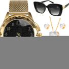 Relogio feminino banhado + oculos sol proteção uv + caixa fundo preto prova dagua casual colar e brincos resistente moda Relogio feminino banhado + oculos sol proteção uv + caixa fundo preto prova dagua casual colar e brincos resistente moda