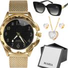 Relogio feminino banhado + oculos sol proteção uv + caixa silicone colar e brincos prova dagua casual fundo preto moda