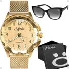 Relogio feminino banhado + oculos sol proteção uv caixa silicone pulseira ajustavel resistente prova dagua casual moda
