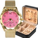 relogio feminino banhado + porta joia + colar + pulseira original fundo rosa casual social prova dagua presente