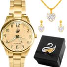 Relógio Feminino Casual Clássico Banhado Ouro 18k Caixa Presente Colar Corrente 45cm Brincos Aço Inox Dourado Kit Sofisticado