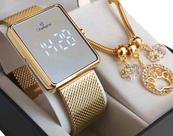 Relógio Feminino Champion Led Original Dourado Espelhado CH40080B