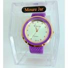 Relógio Feminino com pulseira de borracha roxo e mostrador branco com pontos brilhantes