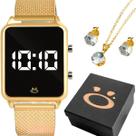 Relogio Feminino Digital Aço Banhado + Colar Brincos + Caixa presente strass dourado qualidade premium casual social