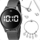 Relogio feminino digital aço preto + caixa + colar + brincos qualidade premium led pulseira ajustavel black piano moda