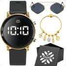 relogio feminino digital + caixa + oculos sol proteção uv silicone presente losango preto dourado qualidade premium moda