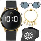 Relogio Feminino Digital + Oculos Sol Proteção UV + Caixa silicone presente casual original pandora moda preto dourado