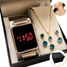 Relógio Feminino Digital Quadrado Led Premium + Colar Brinco