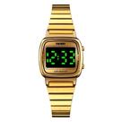 Relógio Feminino Digital Skmei 1543 Resistente à água 3 ATM Preto Caixa em Metal Dourado Pulseira de Aço Visor Acrílico Quadrado Gancho Bateria