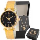 Relogio Feminino Dourado Aço + Colar Coração Brinco + Caixa mostrador preto original ponteiro social