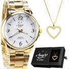 relogio feminino dourado aço + colar coração strass + caixa casual edição limitada inoxidavel social