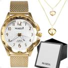 relogio feminino dourado aço + colar duplo coração + caixa social qualidade premium ouro presente original casual