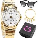 Relogio Feminino Dourado Aço + Pulseira + Oculos + Caixa social inoxidável moda delicado proteção uv redondo presente